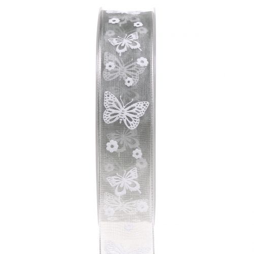 Floristik24 Cinta organza mariposa gris 25mm 20m