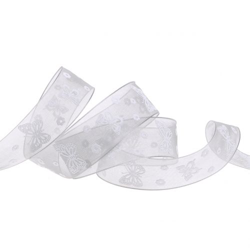Floristik24 Cinta organza mariposa gris 25mm 20m
