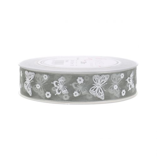 Floristik24 Cinta organza mariposa gris 25mm 20m
