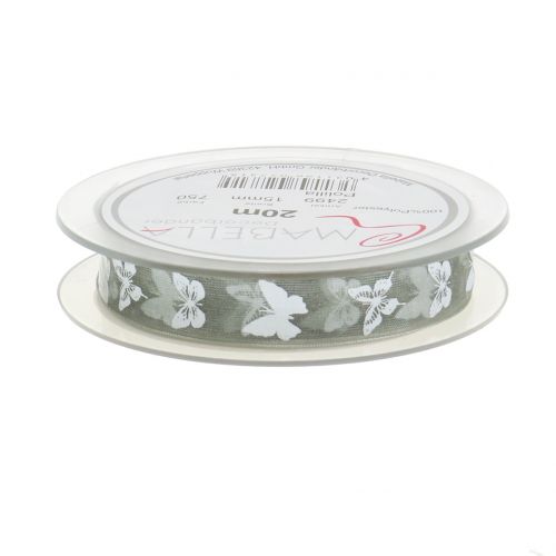 Floristik24 Cinta organza mariposa gris 15mm 20m