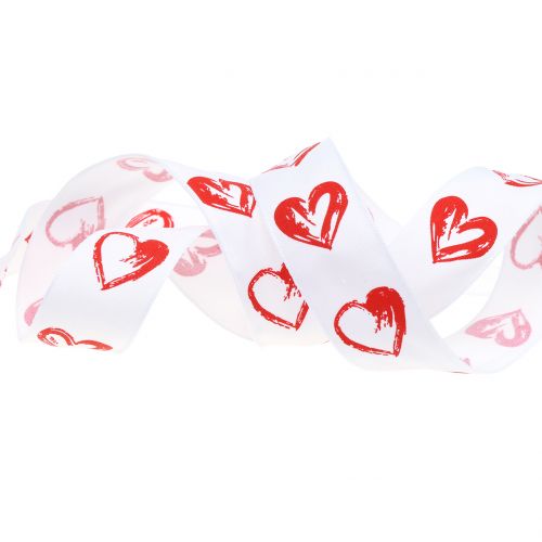 Floristik24 Cinta decorativa blanca con corazones rojos 25mm 15m