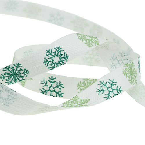 Artículo Cinta decorativa con copos de nieve blanco, verde 15mm 15m