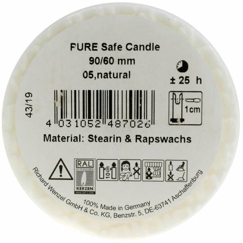 Artículo PURE Nature Safe Candle vela de columna estearina, cera de colza 90/60mm blanco 1ud