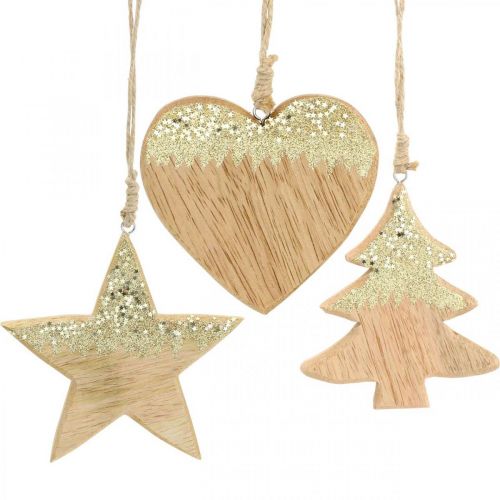 Artículo Decoración navideña estrella / corazón / árbol, colgante de madera, decoración de Adviento Al. 10/12,5 cm 3 piezas