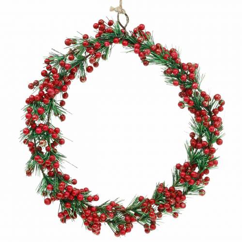Corona de bayas verde artificial, rojo brillo Ø18cm