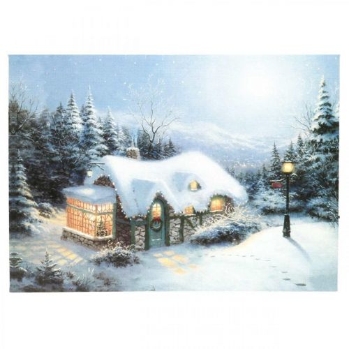 Mural LED paisaje invernal con casa 38×28cm Para batería