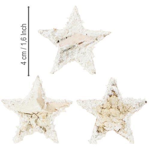 Artículo Estrellas de abedul, cubiertas de nieve, 4 cm, naturales, 60 unidades