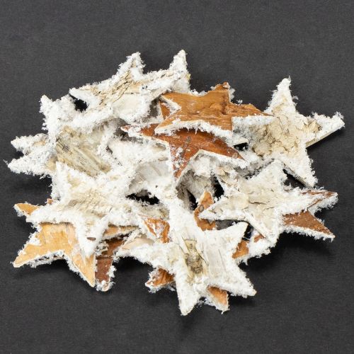 Artículo Estrellas de abedul, cubiertas de nieve, 4 cm, naturales, 60 unidades