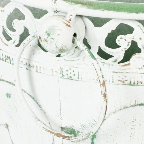 Artículo Maceta de metal repujado con asas, blanca y verde, estilo shabby chic, H22/19,5/17,5cm, Ø25,5/20,5/15,5cm, juego de 3