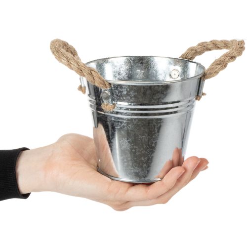 Cubo de metal brillante con asas de cuerda, Ø12 cm | Floristik24.es