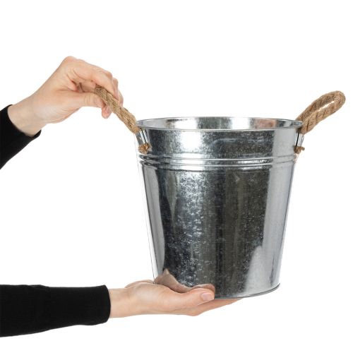 Cubo de metal brillante con asas de cuerda, Ø22 cm | Floristik24.es