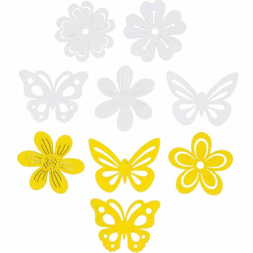 Floristik24 Flores y mariposas para espolvorear amarillo, madera blanca espolvorear decoración decoración de primavera 72 piezas