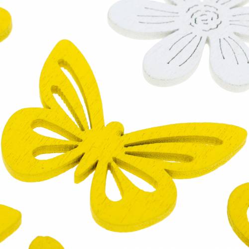 Artículo Flores y mariposas para esparcir decoración de primavera de madera amarilla y blanca 72 piezas