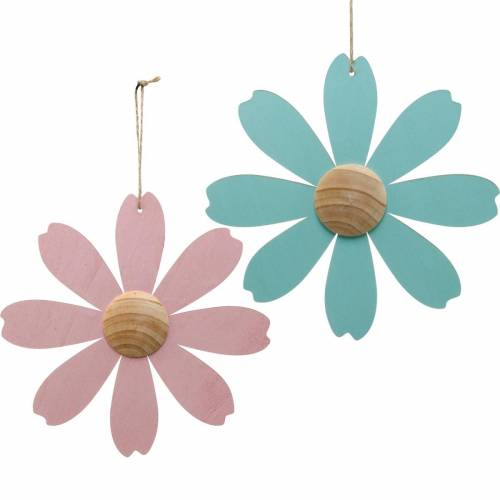 Floristik24 Flores de madera para colgar, decoración de primavera, flor de madera rosa y azul, verano, flores decorativas 4pcs