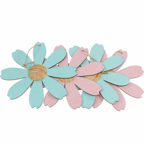 Floristik24 Flores de madera para colgar, decoración de primavera, flor de madera rosa y azul, verano, flores decorativas 4pcs