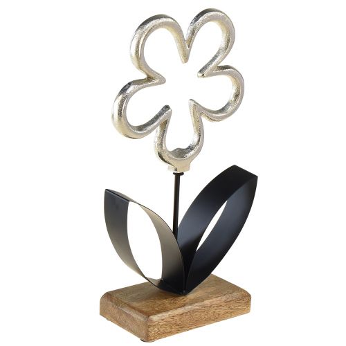 Artículo Flor decoración metal plata negro base madera 15x29cm