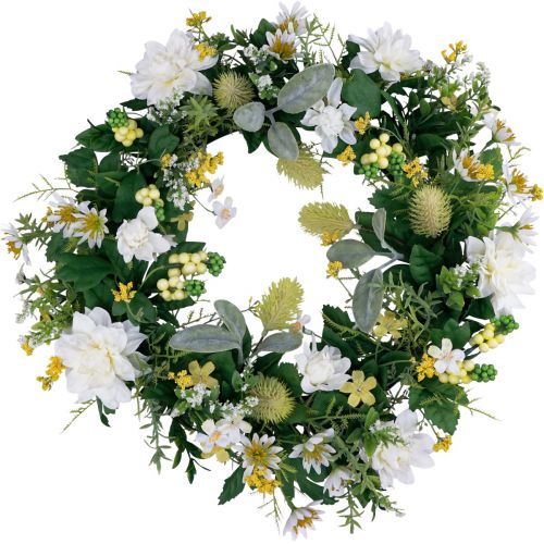 Artículo Corona de puerta decoración de pared flores dalias banking blanco Ø35cm