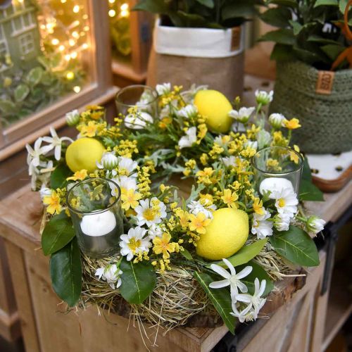 Artículo Corona de flores con anémonas de madera blanco, amarillo Ø30cm