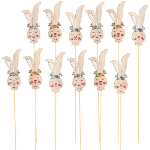 Artículo Tapón de flores cabeza de conejo decorativa de madera en palo 11cm 12 piezas
