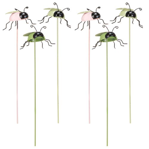 Artículo Flor Palo Mariquita Metal Verde Rosa 7x4cm 6 Piezas