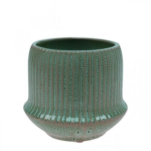 Macetero macetero de cerámica con ranuras verde Ø12cm H10.5cm