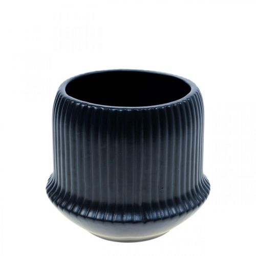 Artículo Macetero macetero de cerámica ranuras negro Ø10cm H8.5cm
