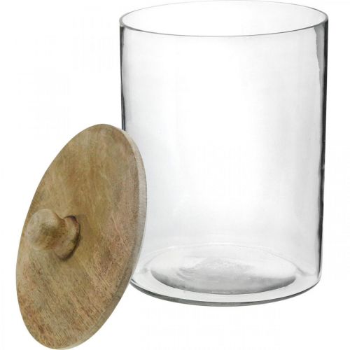 Artículo Tarro de cristal, bombonera con tapa de madera, cristal decorativo color natural, transparente Ø17cm H24,5cm