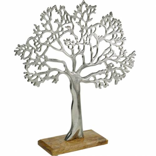 Floristik24 Árbol de metal, haya decorativa sobre base de madera, decoración de metal plateado, árbol de la vida, madera de mango