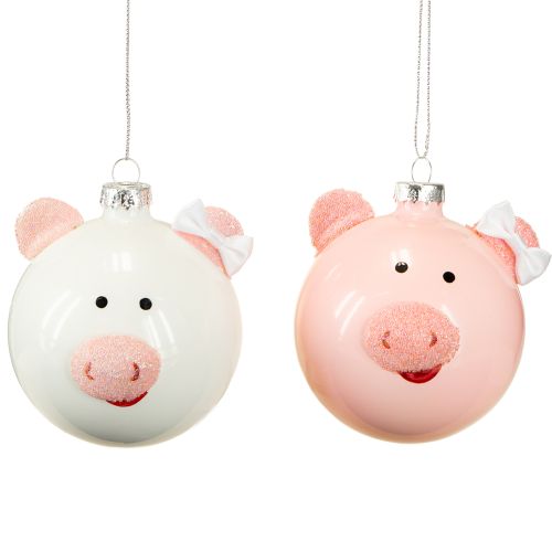 Floristik24 Adorno navideño de cerdito con bola de cristal rosa y blanca, Ø8cm, 2 unidades