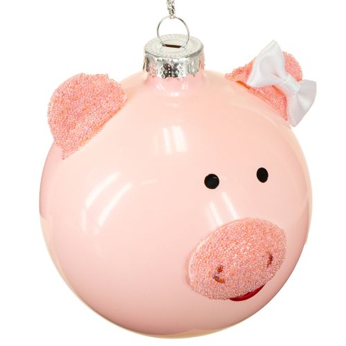 Artículo Adorno navideño de cerdito con bola de cristal rosa y blanca, Ø8cm, 2 unidades