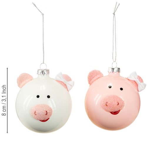 Artículo Adorno navideño de cerdito con bola de cristal rosa y blanca, Ø8cm, 2 unidades