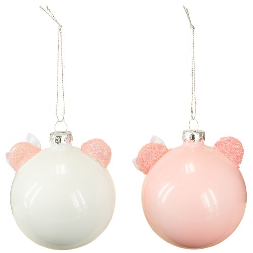 Artículo Adorno navideño de cerdito con bola de cristal rosa y blanca, Ø8cm, 2 unidades
