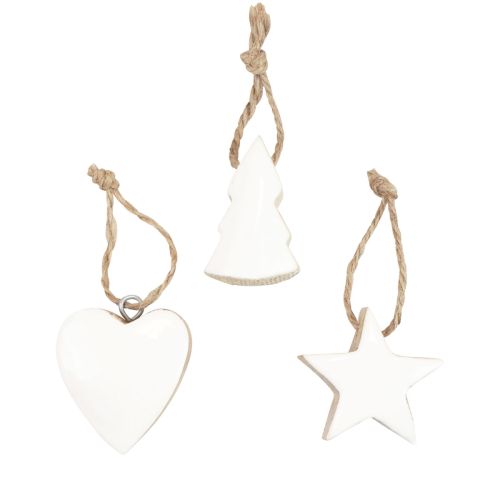 Artículo Adornos para árboles de Navidad mezcla de madera corazón estrella árbol de Navidad blanco, natural 5cm 27ud