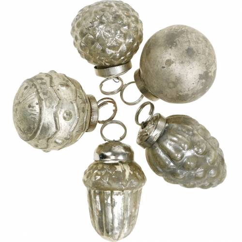 Floristik24 Mini decoraciones para árboles frutas y bolas de otoño nácar, plata antigua cristal real 3,4–4,4 cm 10 piezas