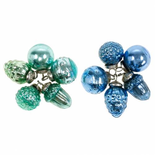 Floristik24 Miniárbol decoración mezcla frutas y bolas de otoño azul/verde, plata vidrio real 3,4–4,4 cm 10 piezas