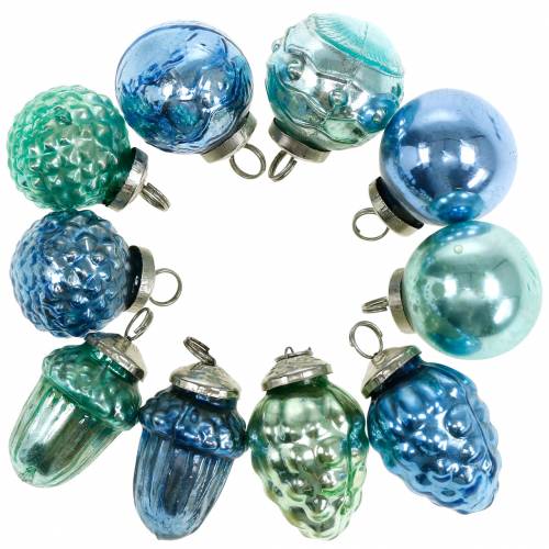Floristik24 Miniárbol decoración mezcla frutas y bolas de otoño azul/verde, plata vidrio real 3,4–4,4 cm 10 piezas