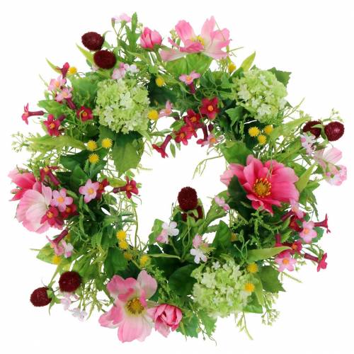 Floristik24 Corona decorativa con Cosmea y bola de nieve rosa, amarillo, verde Ø30cm