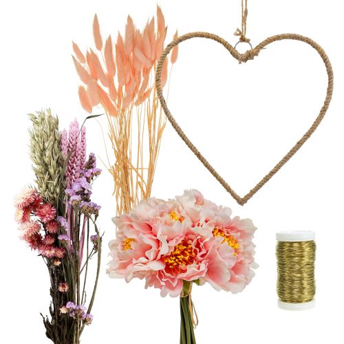 Artículo Caja para manualidades lazo decorativo corazón con peonías y flores secas rosa 33cm