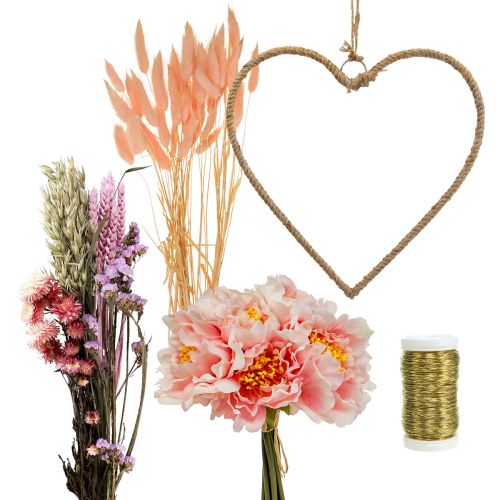 Floristik24 Caja para manualidades lazo decorativo corazón con peonías y flores secas rosa 33cm