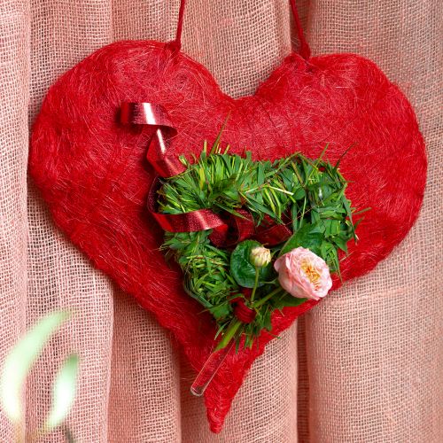 Floristik24 Corazón de sisal decoración corazón con fibras de sisal en rojo 40x40cm