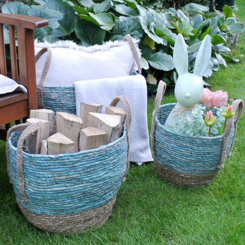 Floristik24 Cesta rattan natural/azul Ø40/32/26cm 3pcs