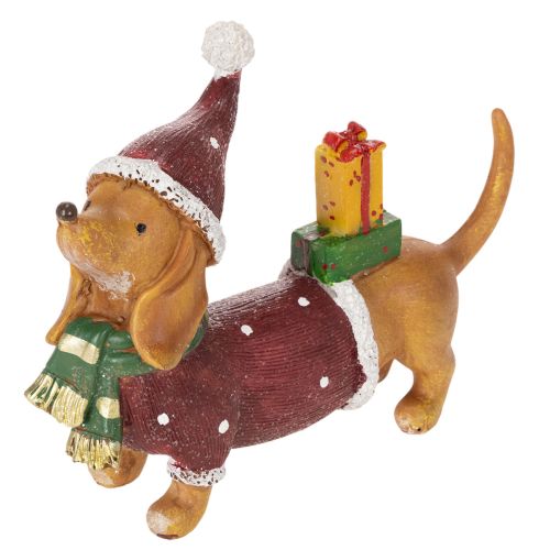Figura decorativa de perro salchicha con paquete de regalo y sombrero, 18 cm. comprar | Floristik24.es