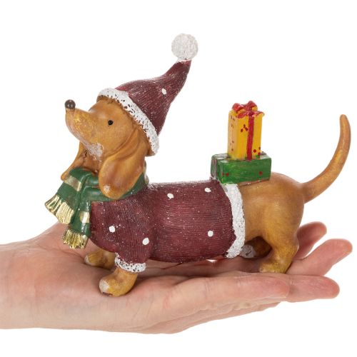 Figura decorativa de perro salchicha con paquete de regalo y sombrero, 18 cm. | Floristik24.es