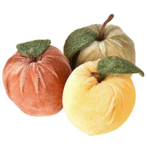 Manzana decorativa de terciopelo con hoja marrón y amarilla, Ø7,5 cm, alto 9 cm, 9 unidades