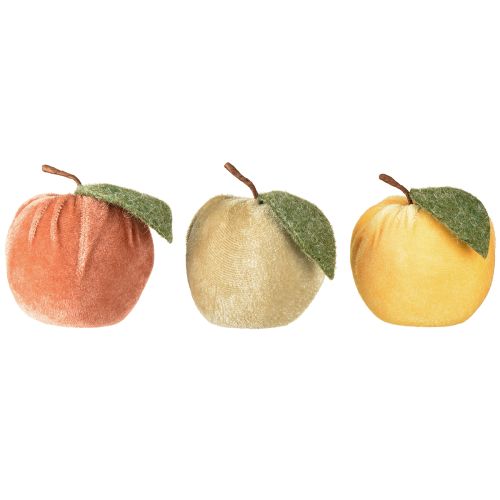 Artículo Manzana decorativa de terciopelo con hoja marrón y amarilla, Ø7,5 cm, alto 9 cm, 9 unidades