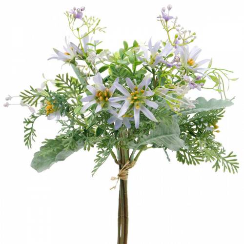 Ramo decorativo, flores de seda violeta, adornos primaverales, ásteres artificiales, claveles y eucaliptos