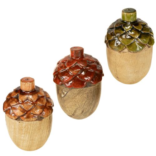 Bellotas decorativas de madera para mesa, decoración verde, naranja y roja, 10 cm de alto, 3 unidades