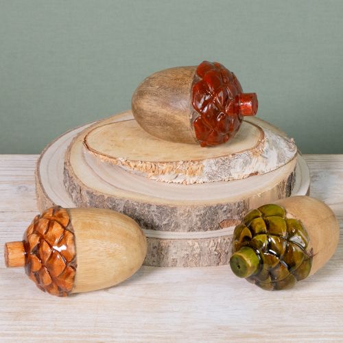 Artículo Bellotas decorativas de madera para mesa, decoración verde, naranja y roja, 10 cm de alto, 3 unidades