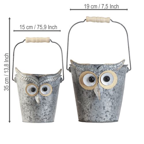 Artículo Macetero decorativo con forma de búho de zinc con asa, Ø15/19 cm, juego de 2