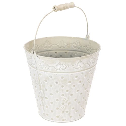 Cubo decorativo, blanqueado, con asa, Ø20,5 cm, maceta decorativa de metal. | Floristik24.es